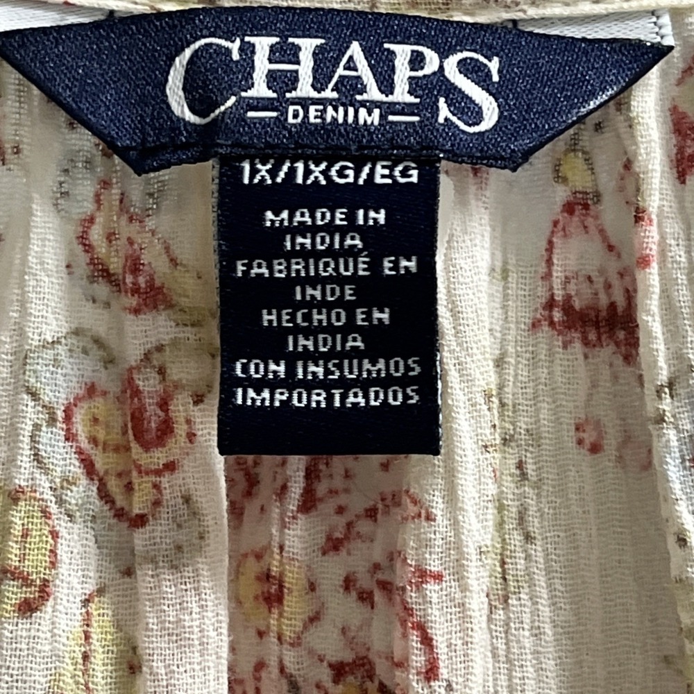 Chaps Top Womens 1X White Red Floral Gauzy Cotton Crochet Tie Neck Tunic‎ Boho - Picture 3 of 8